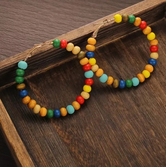 Beaded Boho Wood Tribal Hoop Earrings - Picture 4 of 4